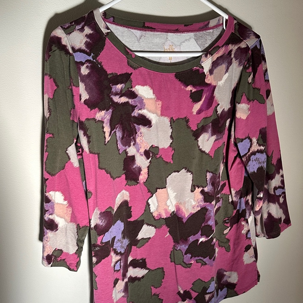 Belle by Kim Gravel Artistic Long Sleeve Top in Pink and Olive